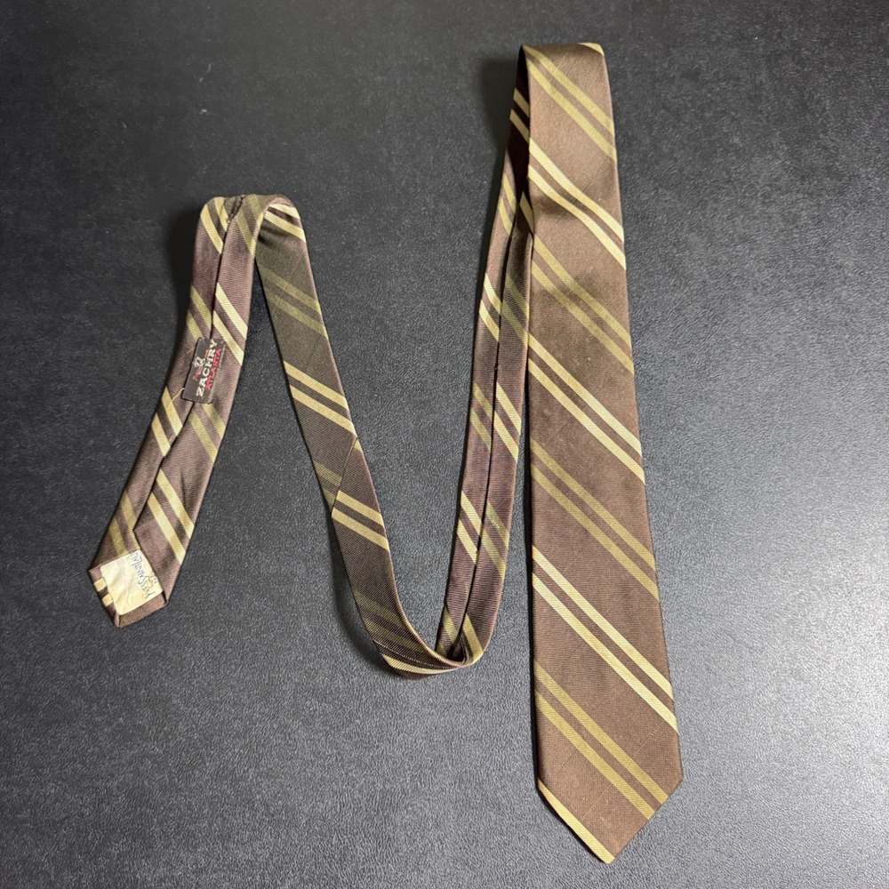 Yves Saint Laurent Tie Mens OS Brown Gold Striped Silk Vintage Designer